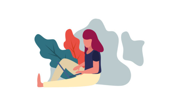 Flat Illustration Woman Works on Laptop Review