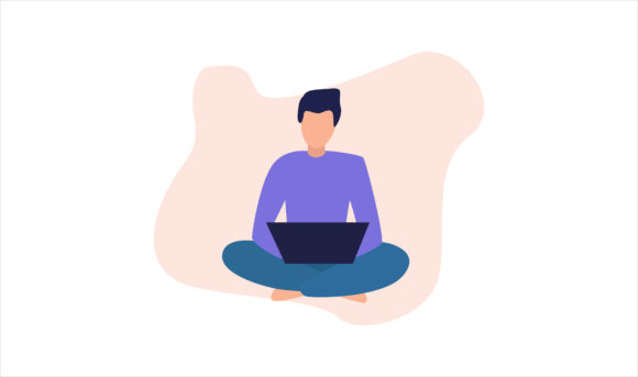 Flat Illustration Working with Laptop: Graphics Review